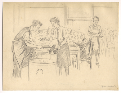 39705 Afbeelding van twee vrouwen en een man die eten opdienen.aan kinderen in de uitdeelpost Grave van Solmsstraat te ...